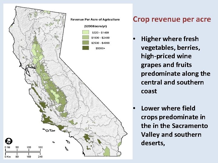 Crop revenue per acre • Higher where fresh vegetables, berries, high-priced wine grapes and