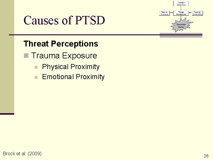 Causes of PTSD Threat Perceptions n Trauma Exposure n n Brock et al. (2009)