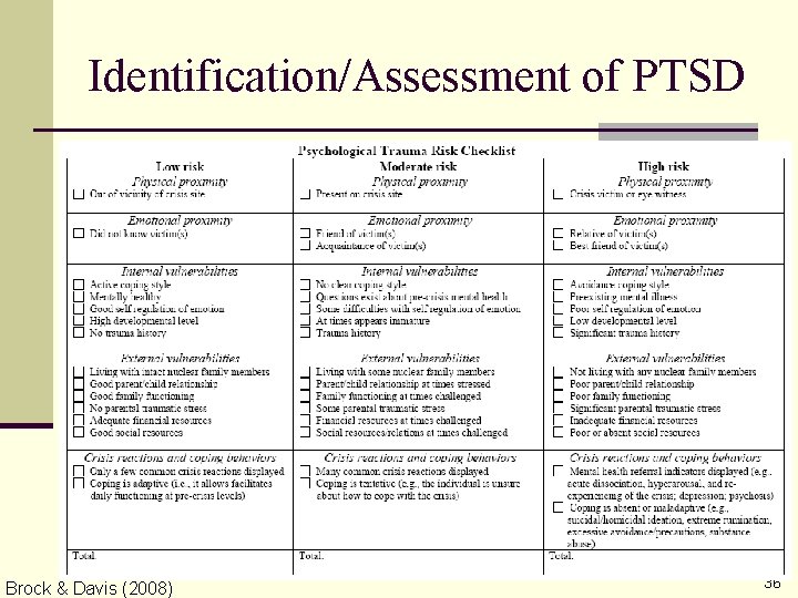Identification/Assessment of PTSD Risk Factors n Psychological Trauma Risk Checklist (see Handout 2) Brock