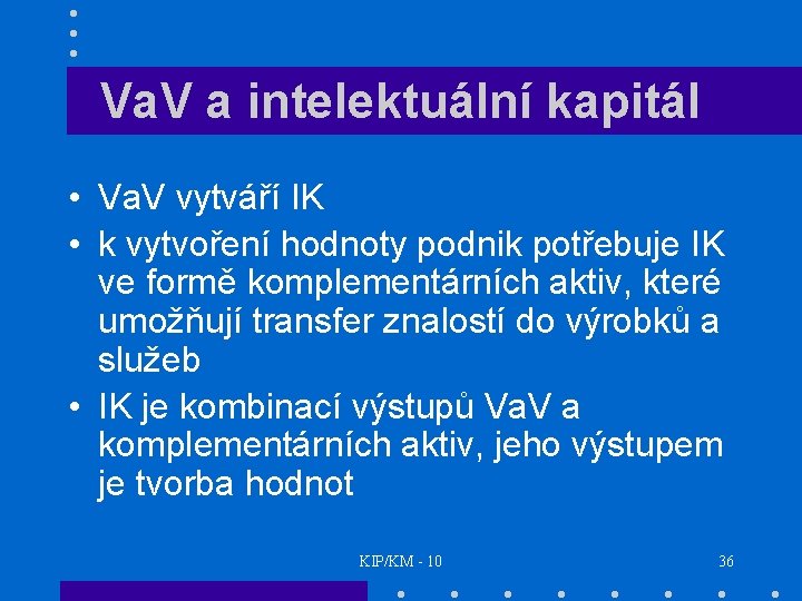 Va. V a intelektuální kapitál • Va. V vytváří IK • k vytvoření hodnoty