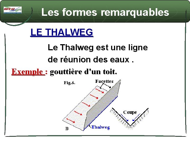 Les formes remarquables LE THALWEG Le Thalweg est une ligne de réunion des eaux.