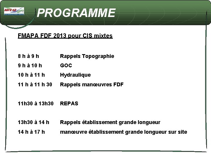 PROGRAMME FMAPA FDF 2013 pour CIS mixtes 8 hà 9 h Rappels Topographie 9