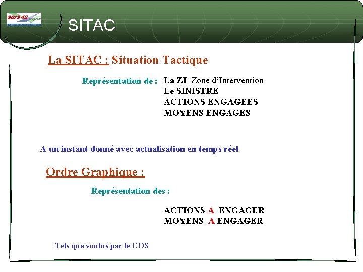 SITAC La SITAC : Situation Tactique Représentation de : La ZI Zone d’Intervention Le