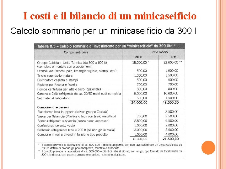 I costi e il bilancio di un minicaseificio Calcolo sommario per un minicaseificio da