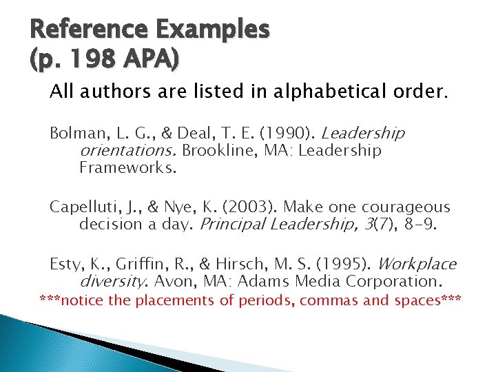 Reference Examples (p. 198 APA) All authors are listed in alphabetical order. Bolman, L.