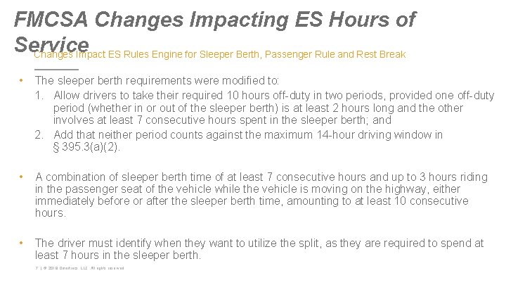 FMCSA Changes Impacting ES Hours of Service Changes Impact ES Rules Engine for Sleeper