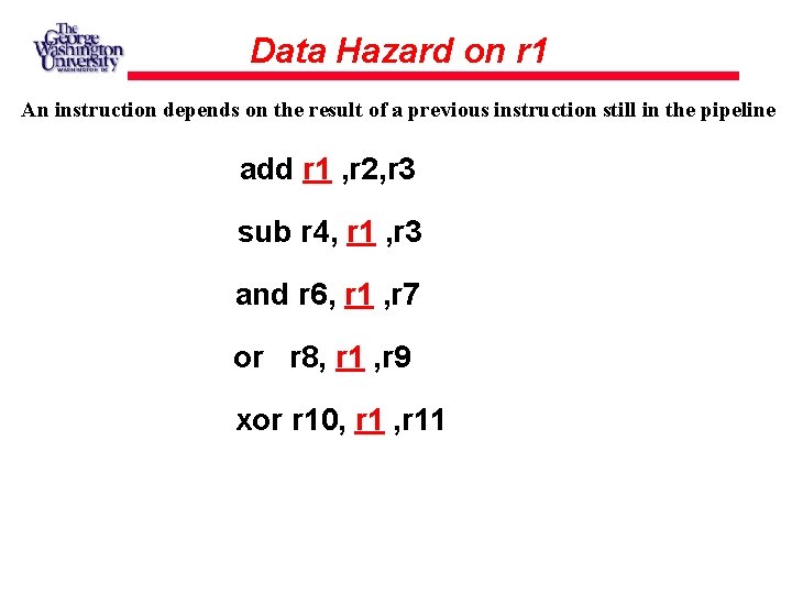 Data Hazard on r 1 An instruction depends on the result of a previous