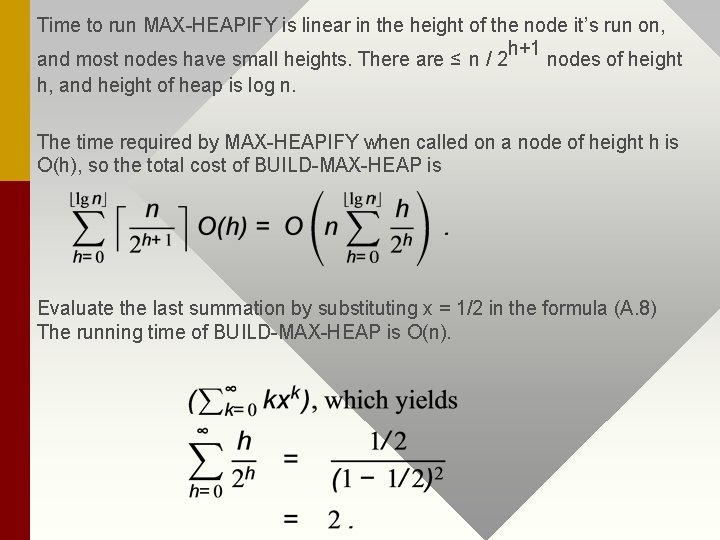 Time to run MAX-HEAPIFY is linear in the height of the node it’s run