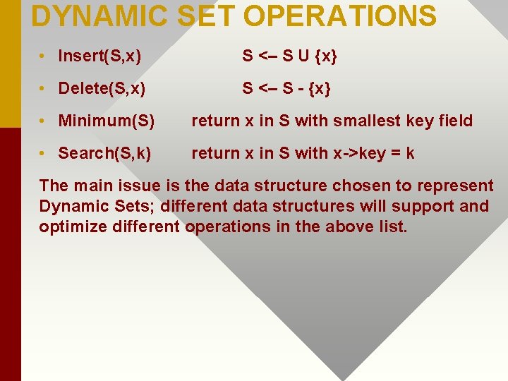 DYNAMIC SET OPERATIONS • Insert(S, x) S <– S U {x} • Delete(S, x)