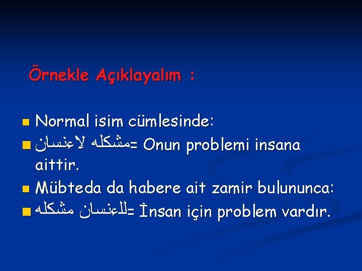 Örnekle Açıklayalım : Normal isim cümlesinde: n =ﻣﺸﻜﻠﻪ ﻻﺀﻧﺴﺎﻥ Onun problemi insana aittir. n