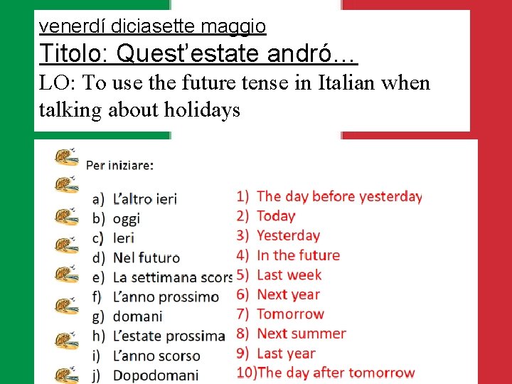 venerdí diciasette maggio Titolo: Quest’estate andró… LO: To use the future tense in Italian