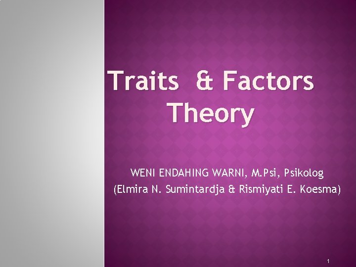 Traits & Factors Theory WENI ENDAHING WARNI, M. Psi, Psikolog (Elmira N. Sumintardja &