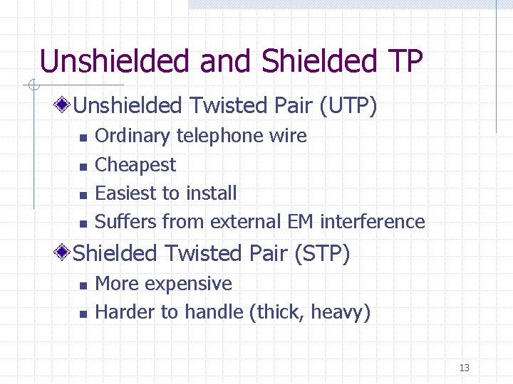 Unshielded and Shielded TP Unshielded Twisted Pair (UTP) n n Ordinary telephone wire Cheapest