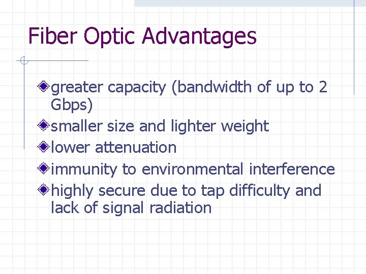 Fiber Optic Advantages greater capacity (bandwidth of up to 2 Gbps) smaller size and