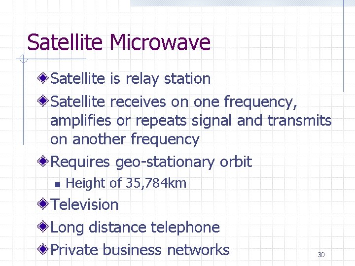 Satellite Microwave Satellite is relay station Satellite receives on one frequency, amplifies or repeats