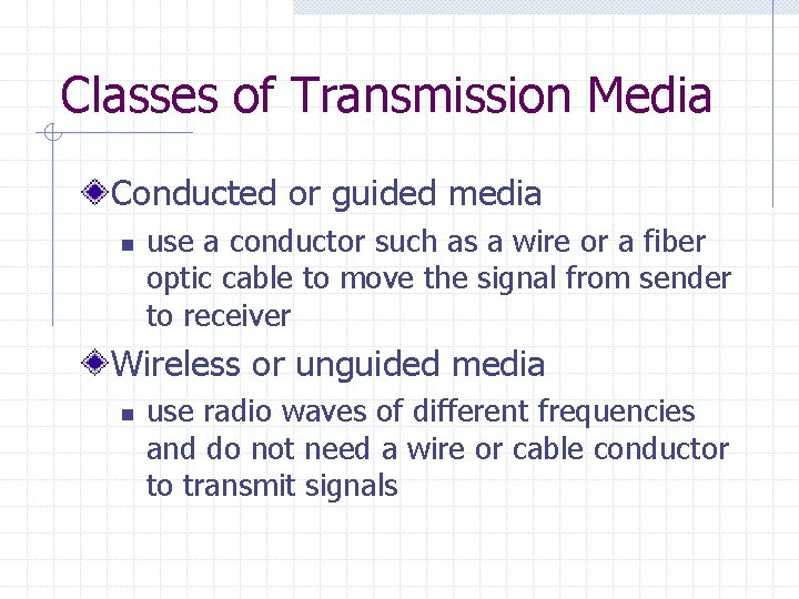 Classes of Transmission Media Conducted or guided media n use a conductor such as