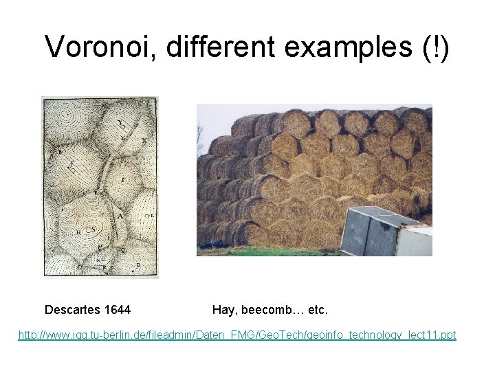 Voronoi, different examples (!) Descartes 1644 Hay, beecomb… etc. http: //www. igg. tu-berlin. de/fileadmin/Daten_FMG/Geo.