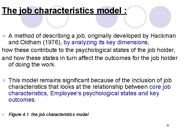 The job characteristics model : A method of describing a job, originally developed by