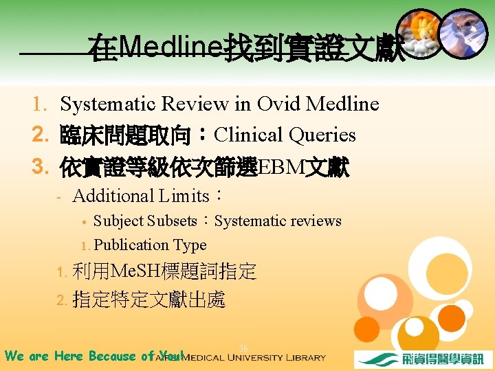 在Medline找到實證文獻 1. Systematic Review in Ovid Medline 2. 臨床問題取向：Clinical Queries 3. 依實證等級依次篩選EBM文獻 – Additional