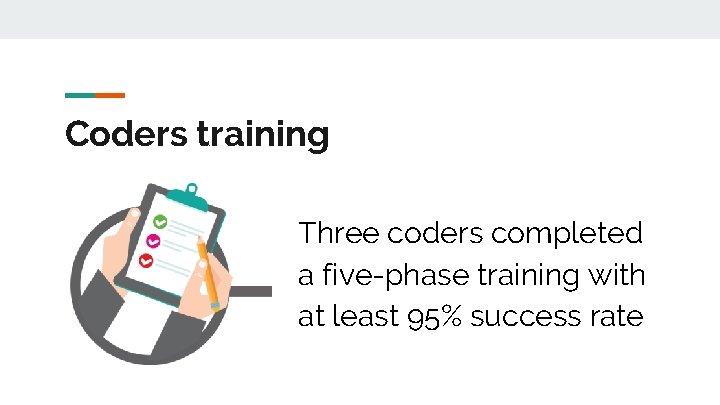 Coders training Three coders completed a five-phase training with at least 95% success rate