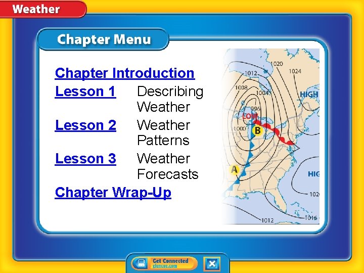 Chapter Introduction Lesson 1 Describing Weather Lesson 2 Weather Patterns Lesson 3 Weather Forecasts