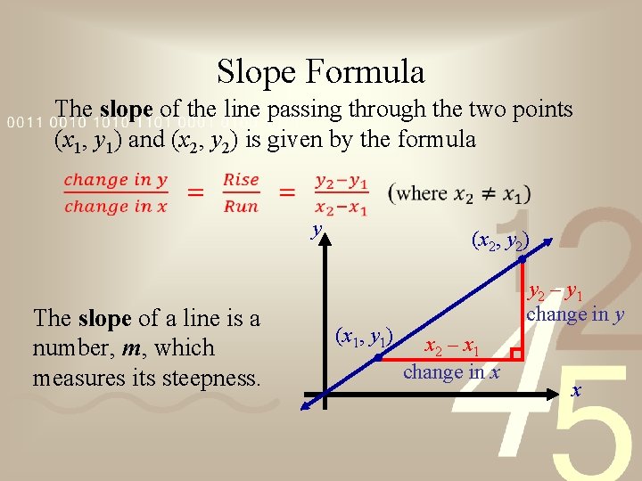 Slope Formula The slope of the line passing through the two points (x 1,