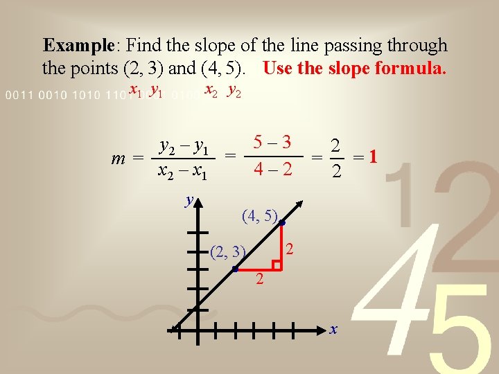 Example: Find the slope of the line passing through the points (2, 3) and