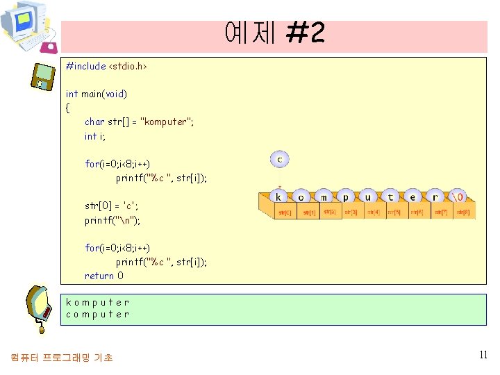 예제 #2 #include <stdio. h> int main(void) { char str[] = "komputer"; int i;