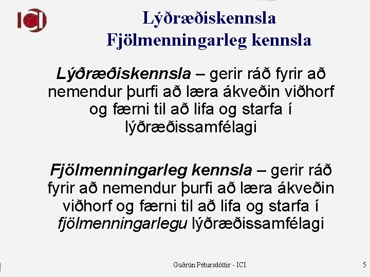 Lýðræðiskennsla Fjölmenningarleg kennsla Lýðræðiskennsla – gerir ráð fyrir að nemendur þurfi að læra ákveðin