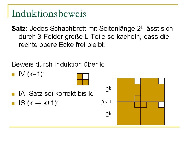 Induktionsbeweis Satz: Jedes Schachbrett mit Seitenlänge 2 k lässt sich durch 3 -Felder große