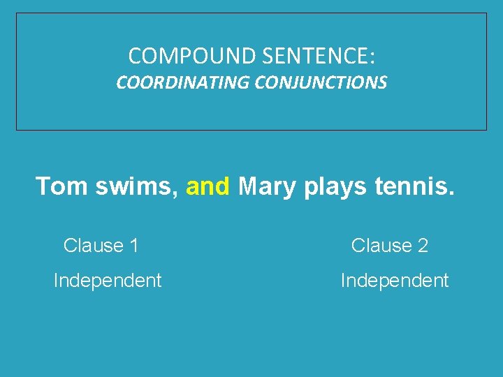 COMPOUND SENTENCE: COORDINATING CONJUNCTIONS Tom swims, and Mary plays tennis. Clause 1 Clause 2