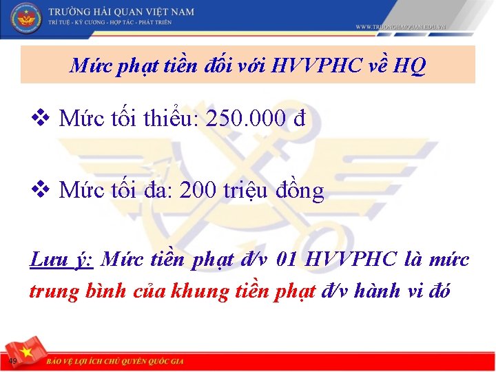 Mức phạt tiền đối với HVVPHC về HQ v Mức tối thiểu: 250. 000