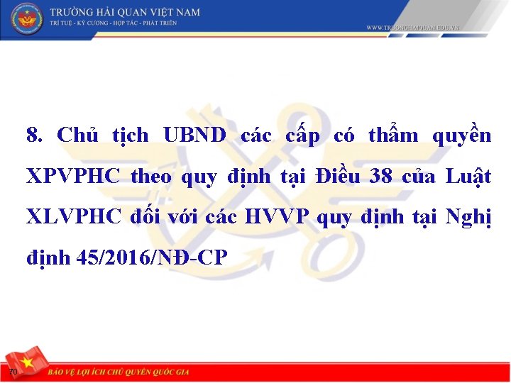 8. Chủ tịch UBND các cấp có thẩm quyền XPVPHC theo quy định tại