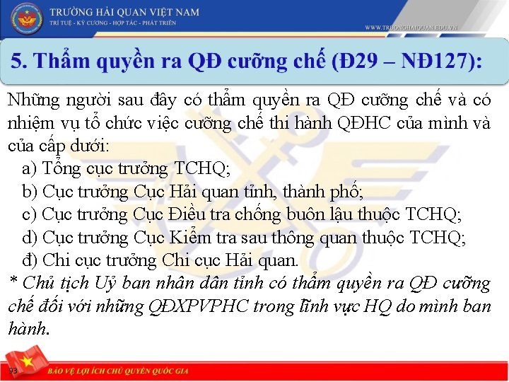 Những người sau đây có thẩm quyền ra QĐ cưỡng chế và có nhiệm