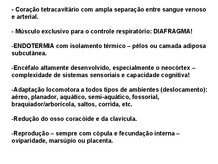 - Coração tetracavitário com ampla separação entre sangue venoso e arterial. - Músculo exclusivo