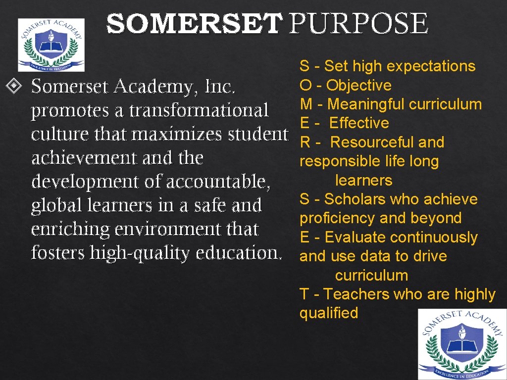 SOMERSET PURPOSE Somerset Academy, Inc. promotes a transformational culture that maximizes student achievement and