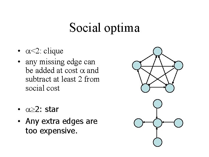 Social optima • <2: clique • any missing edge can be added at cost