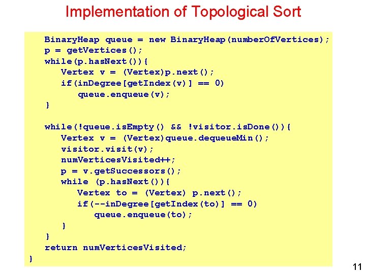 Implementation of Topological Sort Binary. Heap queue = new Binary. Heap(number. Of. Vertices); p