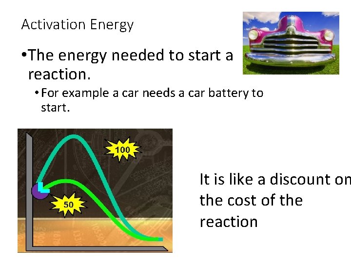 Activation Energy • The energy needed to start a reaction. • For example a