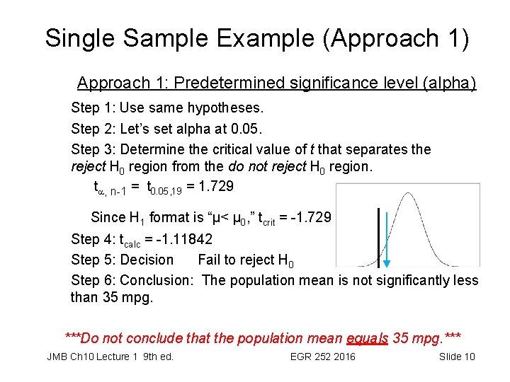 Single Sample Example (Approach 1) Approach 1: Predetermined significance level (alpha) Step 1: Use
