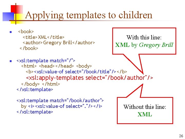 Applying templates to children n n <book> <title>XML</title> <author>Gregory Brill</author> </book> With this line: