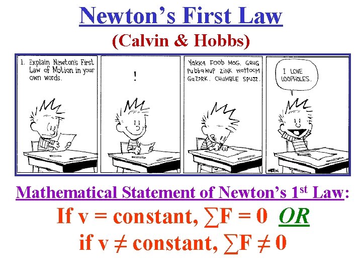 Newton’s First Law (Calvin & Hobbs) Mathematical Statement of Newton’s 1 st Law: If