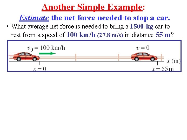 Another Simple Example: Estimate the net force needed to stop a car. • What