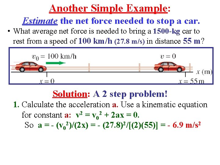 Another Simple Example: Estimate the net force needed to stop a car. • What