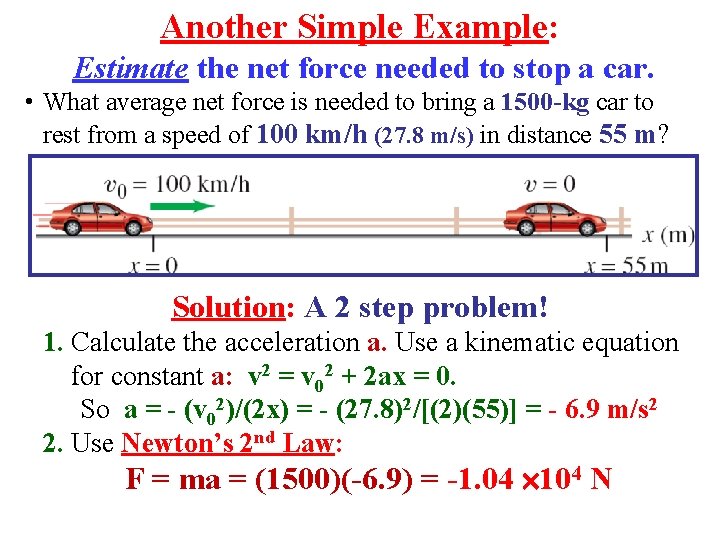 Another Simple Example: Estimate the net force needed to stop a car. • What