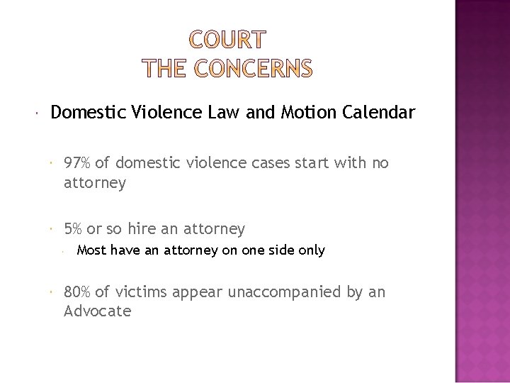  Domestic Violence Law and Motion Calendar 97% of domestic violence cases start with