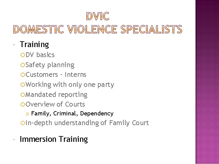  Training DV basics Safety planning Customers – Interns Working with only one party