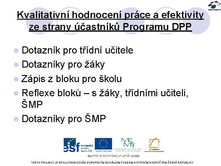 Kvalitativní hodnocení práce a efektivity ze strany účastníků Programu DPP l Dotazník pro třídní