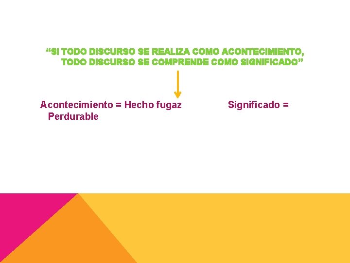 “SI TODO DISCURSO SE REALIZA COMO ACONTECIMIENTO, TODO DISCURSO SE COMPRENDE COMO SIGNIFICADO” Acontecimiento