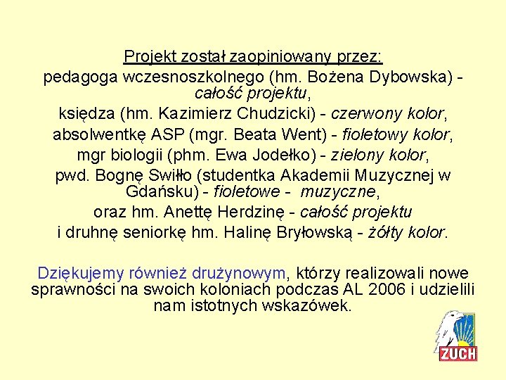 Projekt został zaopiniowany przez: pedagoga wczesnoszkolnego (hm. Bożena Dybowska) całość projektu, księdza (hm. Kazimierz